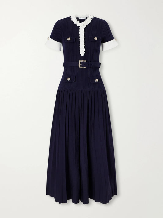 Self-Portrait Belted Floral-appliquéd Ribbed Midi Dress