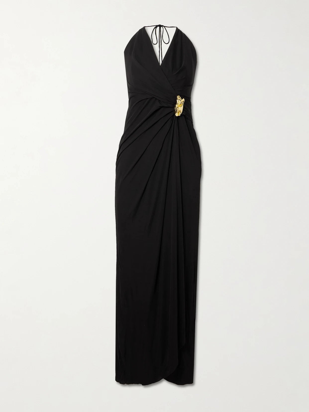 Image of Dresses. Product name - Zaley Draped Embellished Jersey Halterneck Maxi Dress in Black colour by brand - Rebecca Vallance