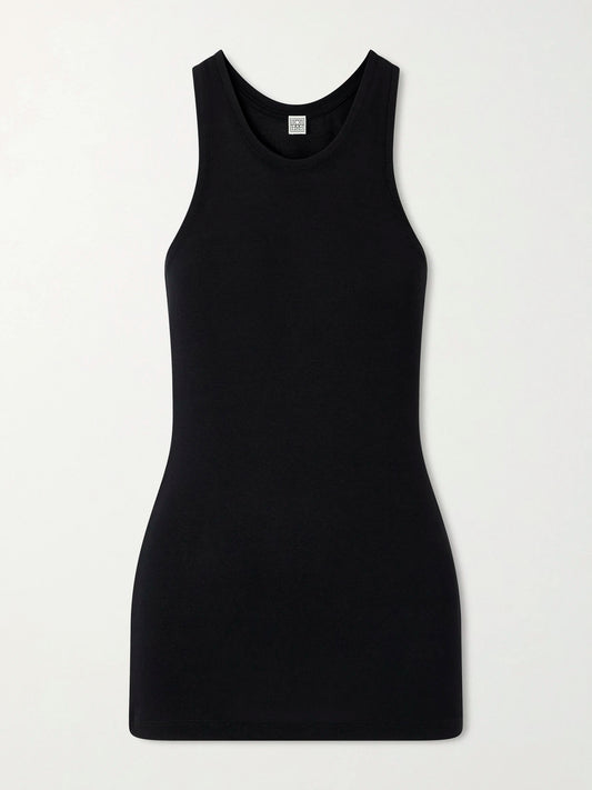 Image of a model wearing Tops. Product name - Jersey Tank Top in Black colour by brand - TOTEME