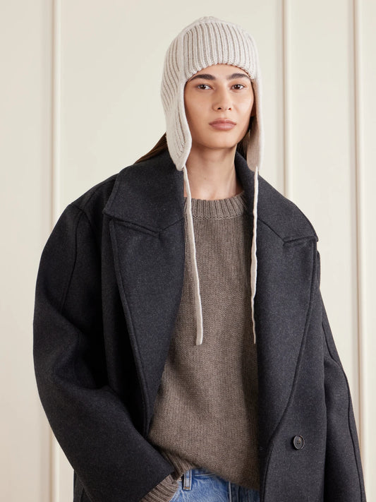 Image of Hats. Product name - Dewar Ribbed Cashmere Trapper Hat in Cream, Black colour by brand - Johnstons of Elgin