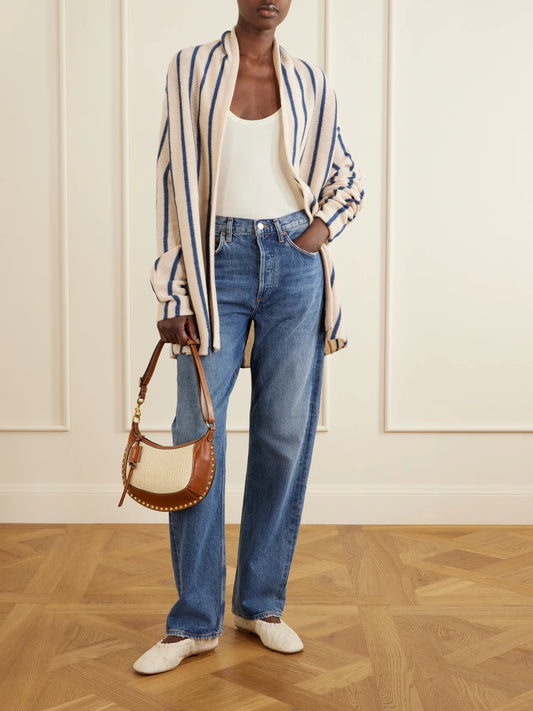 Image of a model wearing Outerwear. Product name - Striped Knitted Cashmere Cardigan in Beige colour by brand - The Elder Statesman