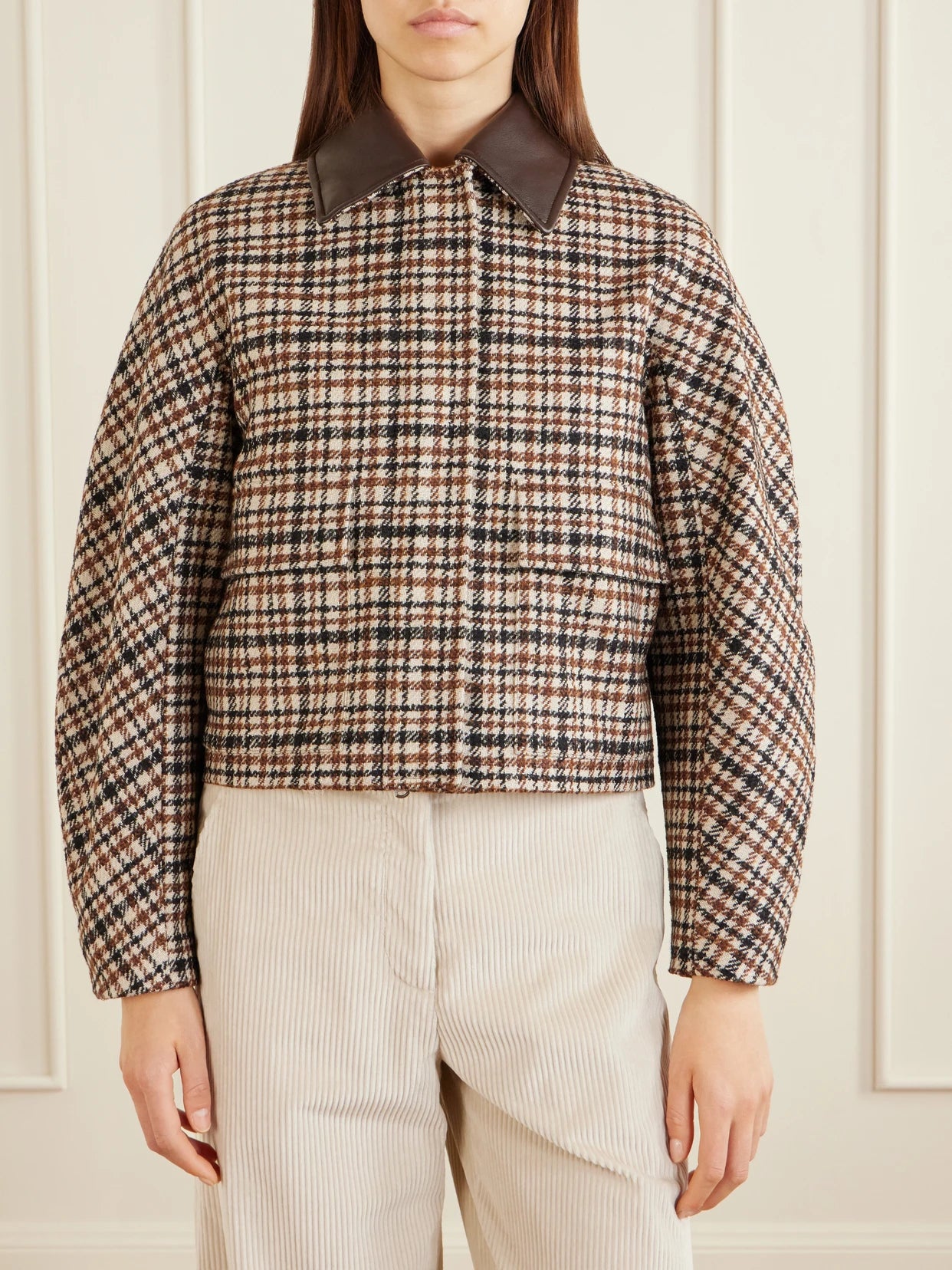 Checked Leather-trimmed Wool-blend Jacket