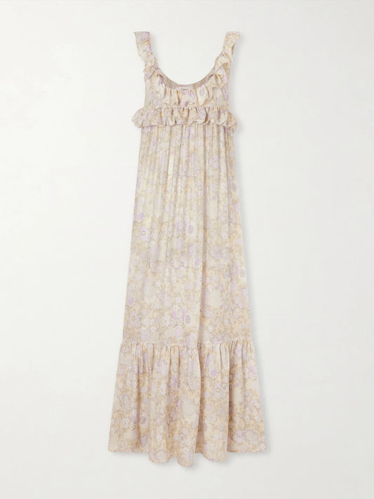 Image of Dresses. Product name - Ruffled Tiered Floral-print Silk-charmeuse Maxi Dress in Purple colour by brand - Chloé