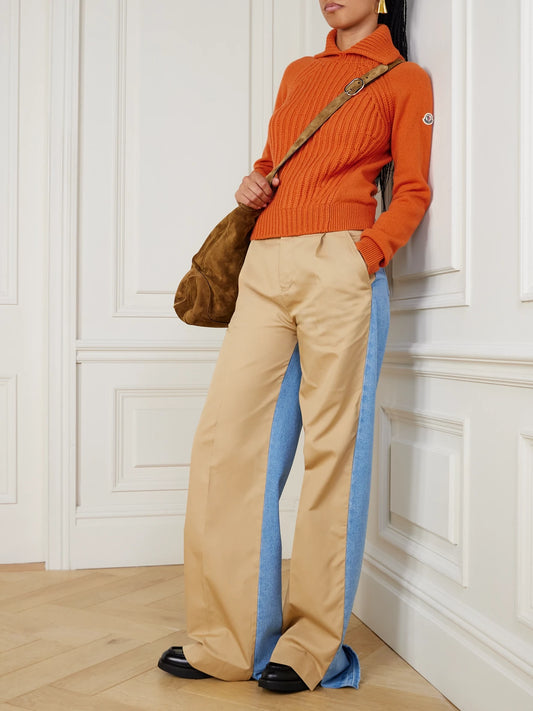 Image of a model wearing Outerwear. Product name - Ribbed Wool And Cashmere-blend Turtleneck Polo Sweater in Orange colour by brand - Moncler