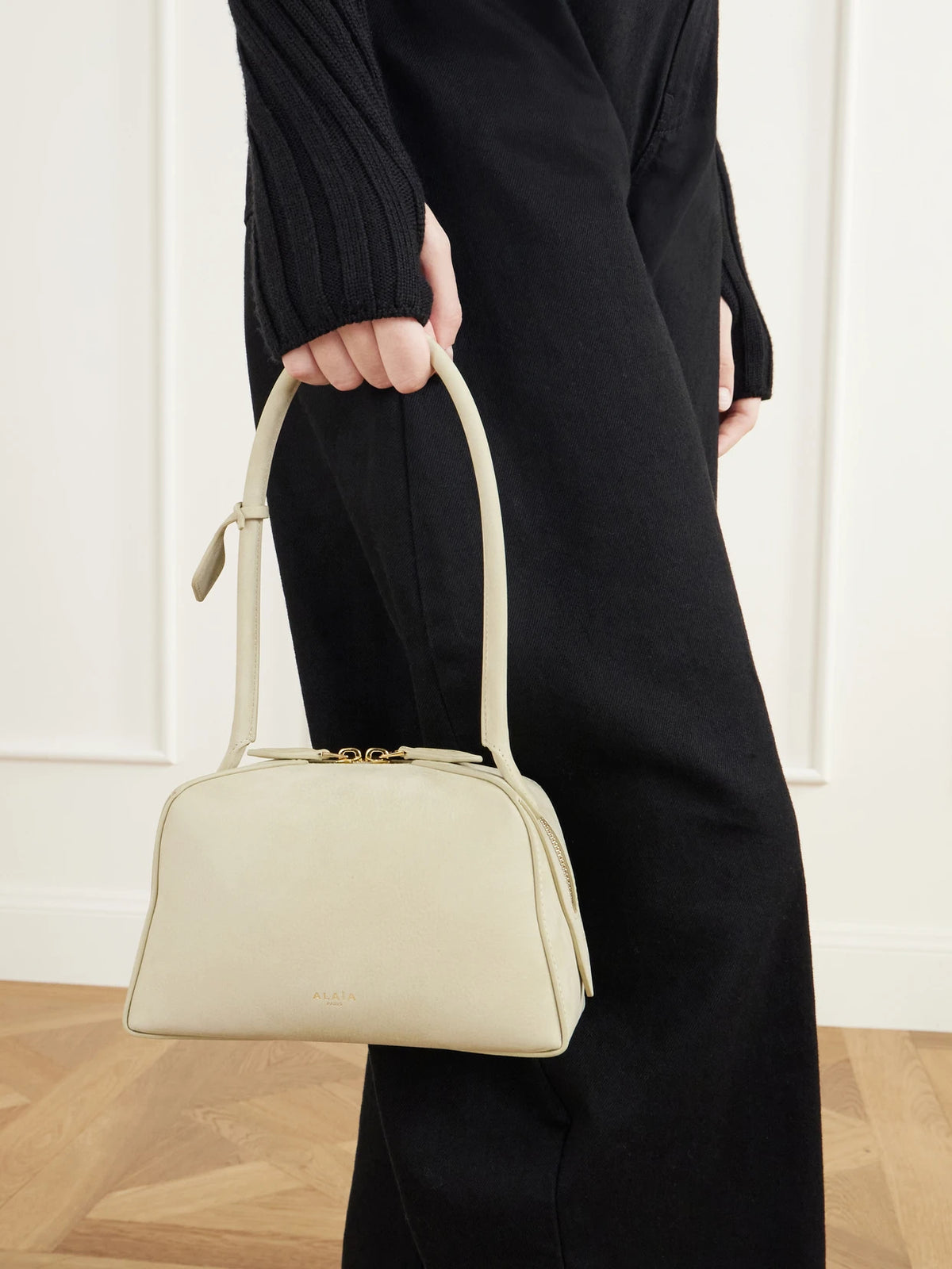 Image of Bags. Product name - Le Bouledogue Mini Nubuck Shoulder Bag in Beige colour by brand - Alaïa