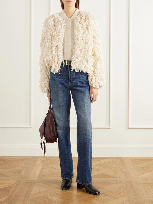 Image of Coats & Jackets. Product name - The Fringe Alpaca Wool-blend Jacket in Cream colour by brand - FRAME