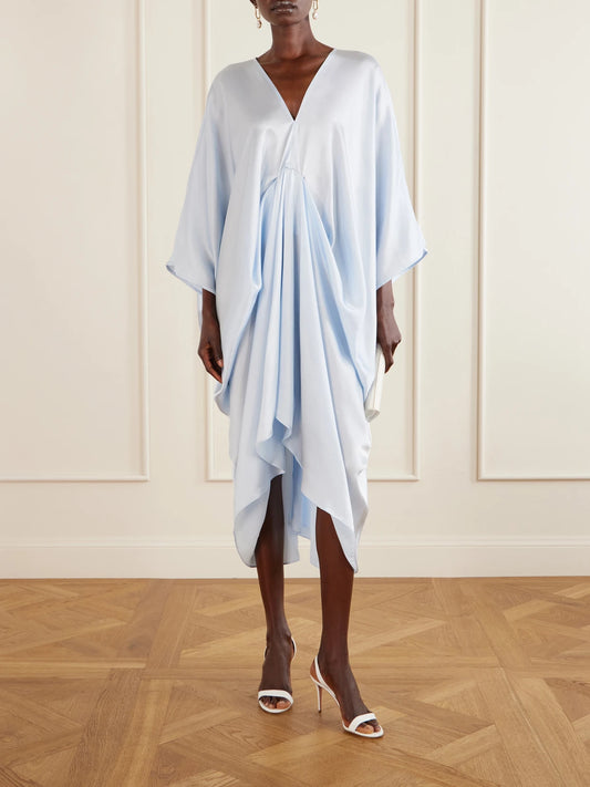 Image of Dresses. Product name - Draped Silk-satin Kaftan in Blue colour by brand - Camilla