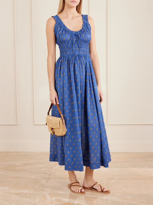 Image of Dresses. Product name - Emmaretta Shirred Floral-print Cotton Midi Dress in Blue colour by brand - DÔEN