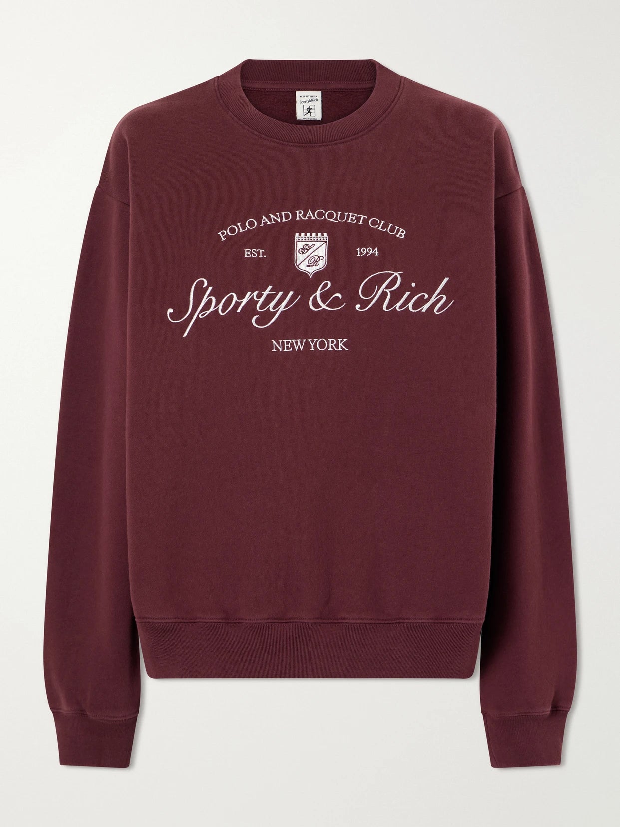 Image of Sleepwear & Loungewear. Product name - Syracuse Embroidered Cotton-jersey Sweater in Burgundy colour by brand - Sporty & Rich