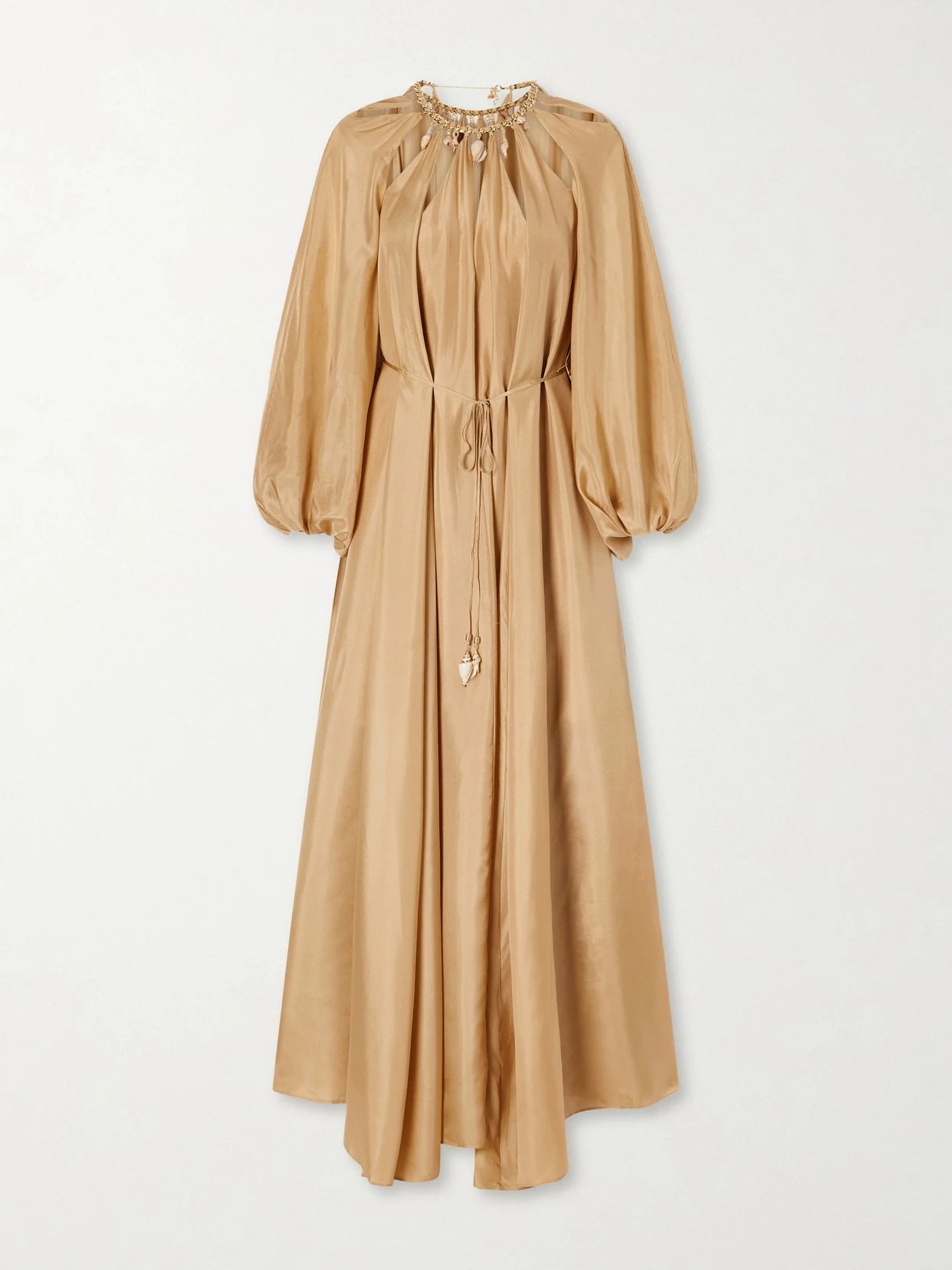 Image of Dresses. Product name - Mahon Embellished Silk Maxi Dress in Gold colour by brand - Zimmermann