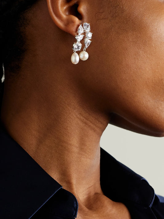 Image of Earrings. Product name - Cascading Recycled Silver, Cubic Zirconia And Pearl Earrings in Multi colour by brand - Completedworks