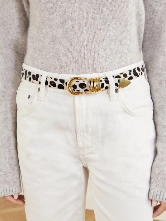 Image of Belts. Product name - Hollyhock Dalmatian Calf Hair Belt in White colour by brand - Déhanche