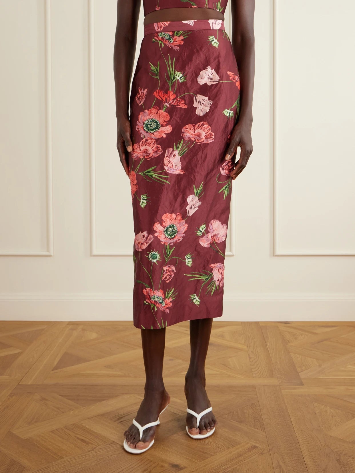 Floral-printed Satin Midi Pencil Skirt