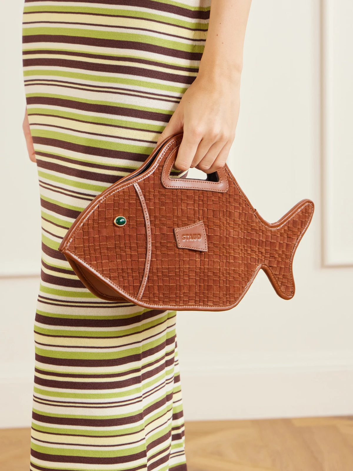 Cleo Logo-debossed Leather-trimmed Woven Suede Tote