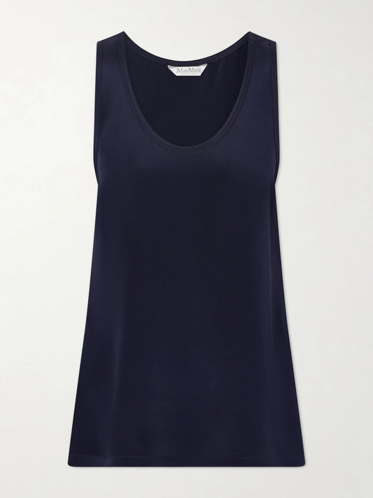 Image of a model wearing Tops. Product name - Draped Silk Tank in Navy colour by brand - Max Mara