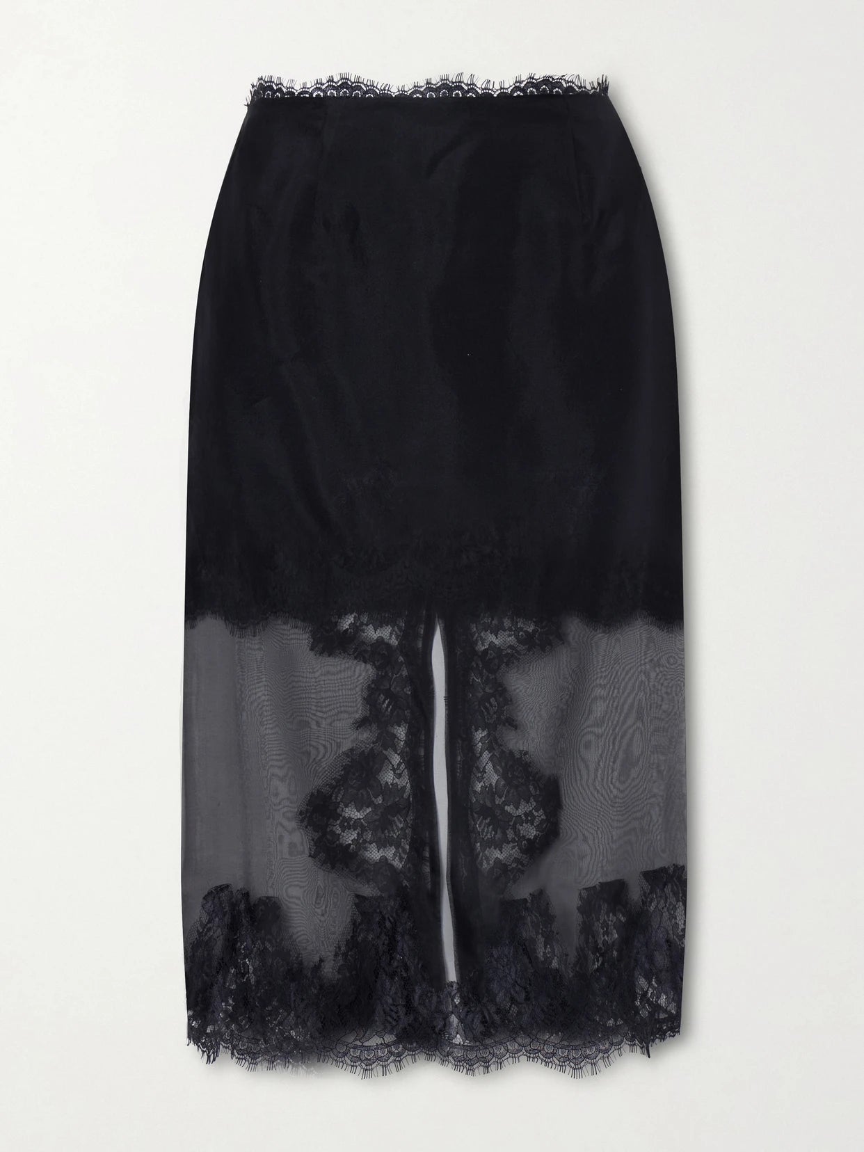 Image of a model wearing Skirts. Product name - Ophelia Layered Lace-trimmed Silk-organza Midi Skirt in Black colour by brand - Aje