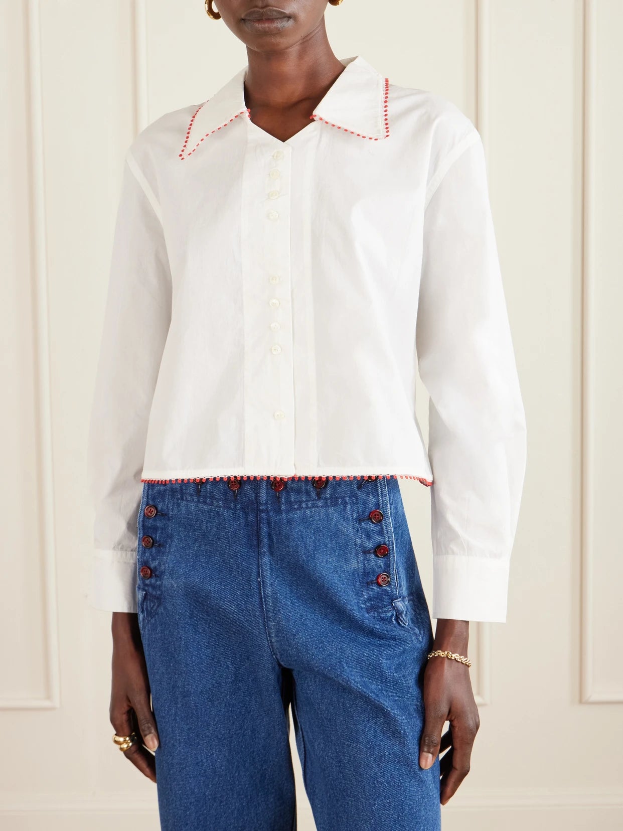 Redbud Cropped Embroidered Cotton-poplin Shirt