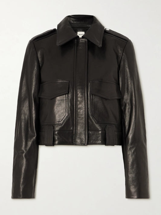 Image of Coats & Jackets. Product name - Cordelia Cropped Leather Jacket in Black colour by brand - KHAITE