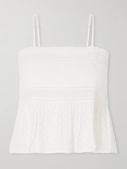 Image of a model wearing Tops. Product name - Saskia Embroidered Cotton-voile Top in White colour by brand - Thierry Colson