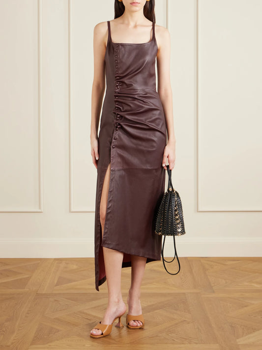 Image of Dresses. Product name - Asymmetric Ruched Leather Midi Dress in Brown colour by brand - RABANNE
