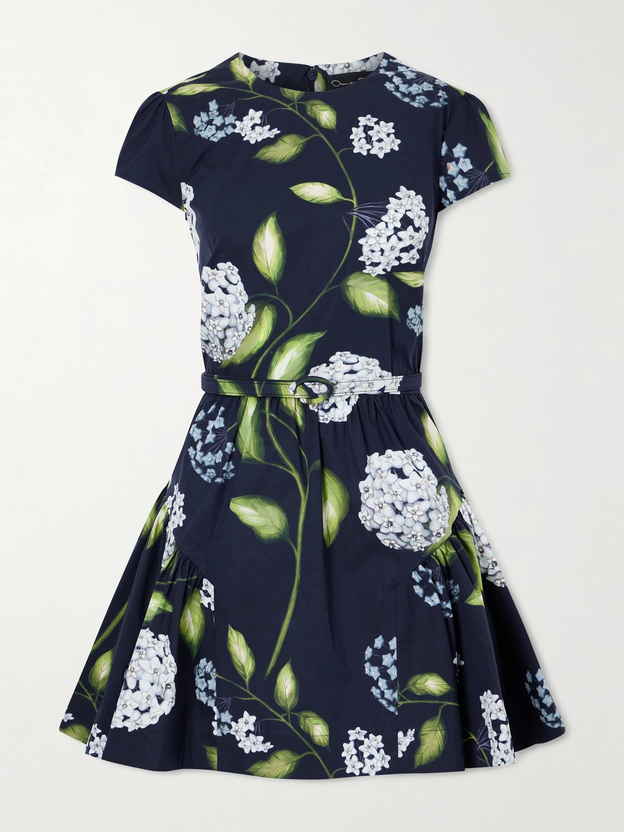 Image of Dresses. Product name - Belted Tiered Floral-print Cotton-blend Poplin Mini Dress in Navy colour by brand - Oscar de la Renta