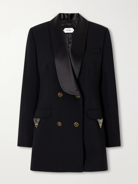 Versace Double-breasted Embellished Satin-trimmed Stretch-wool Mini Dress