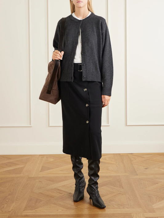 Image of a model wearing Outerwear. Product name - Aidar Merino Wool And Cashmere-blend Cardigan in Gray colour by brand - Loulou de Saison
