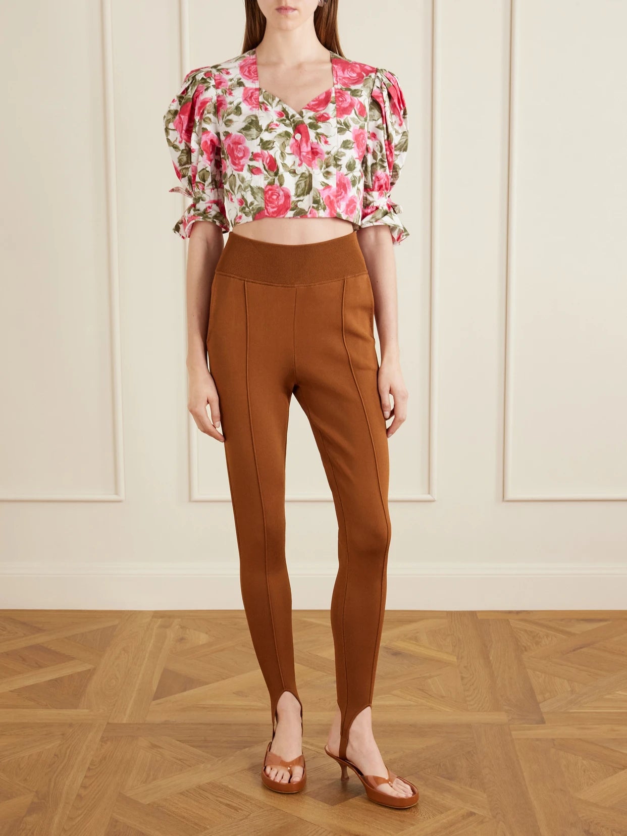 Image of a model wearing Pants. Product name - Stretch-jersey Tapered Leggings in Brown colour by brand - Chloé