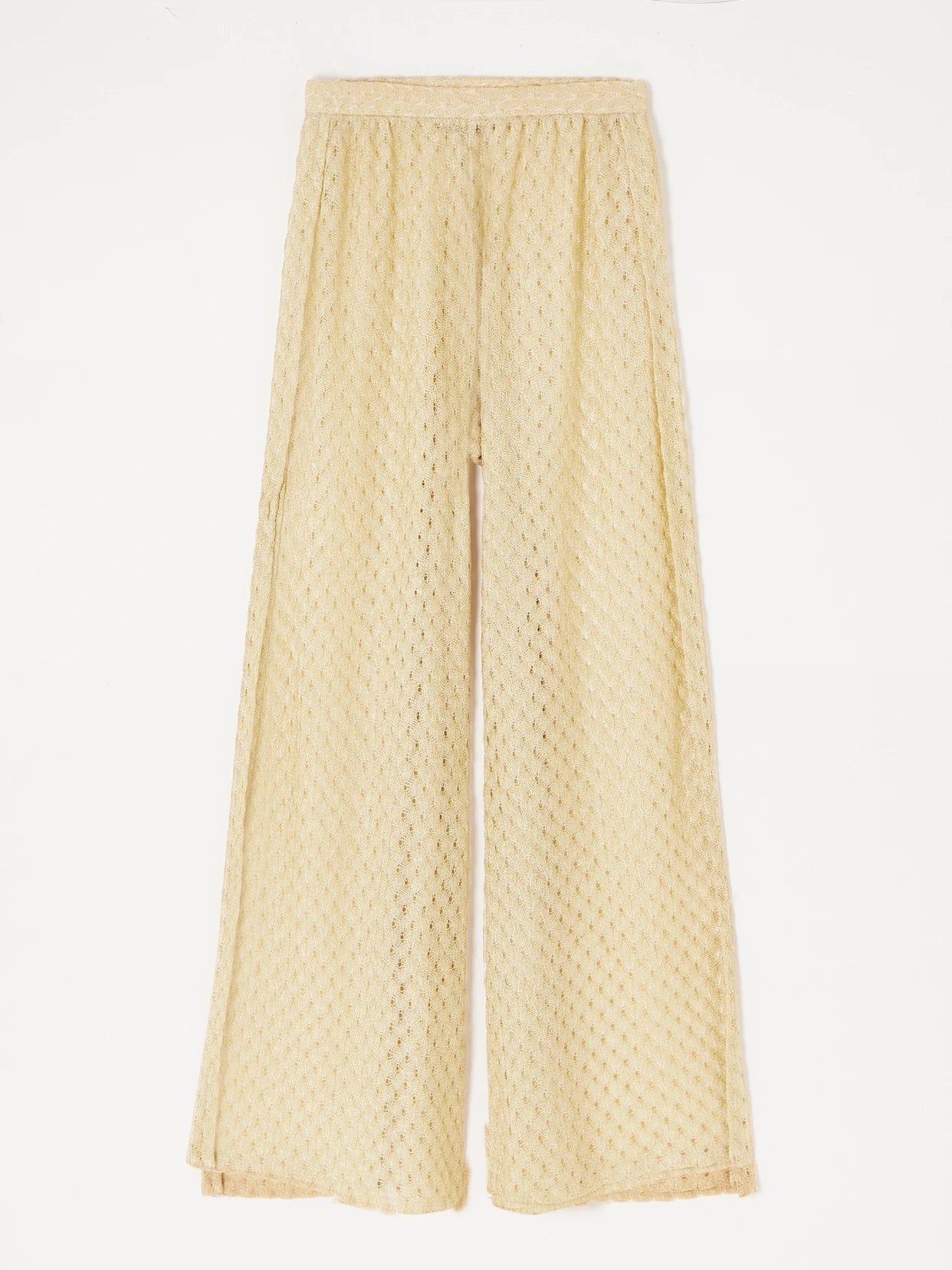 Image of a model wearing Pants. Product name - Mare Metallic Crochet-knit Wide-leg Pants in Gold colour by brand - Missoni