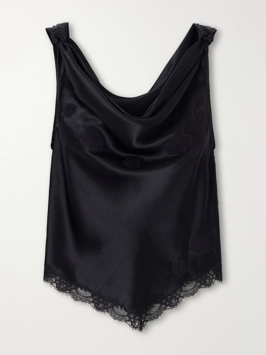 DÔEN Manon Gathered Lace-trimmed Silk-satin Top