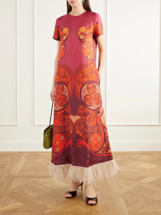 Image of Dresses. Product name - Swing Feather-trimmed Printed Silk-twill Maxi Dress in Magenta colour by brand - La DoubleJ