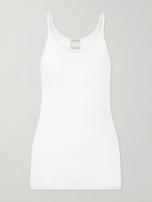 Image of a model wearing Tops. Product name - Alicia Cotton-blend Jersey Tank Top in White colour by brand - Calvin Klein Collection
