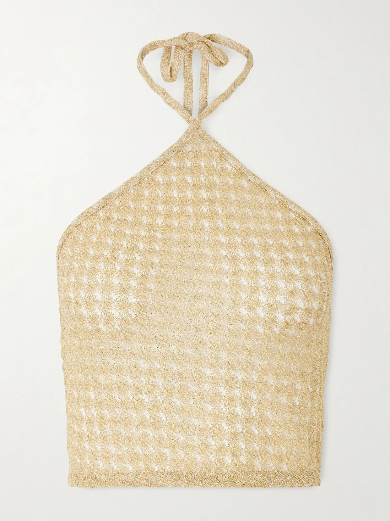 Image of a model wearing Tops. Product name - Mare Cropped Metallic Crochet-knit Halterneck Top in Gold colour by brand - Missoni