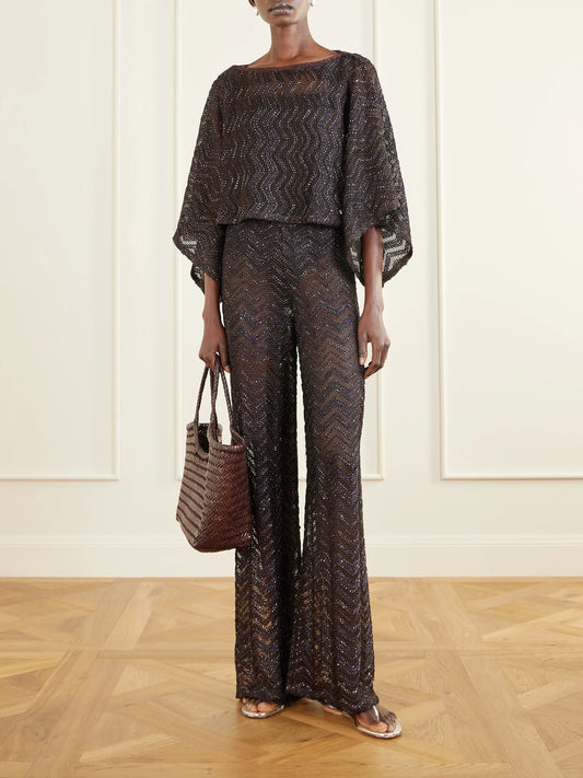 Image of a model wearing Pants. Product name - Sequin-embellished Crochet-knit Wide-leg Pants in Brown colour by brand - Missoni