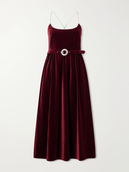Borgo de Nor Arden Belted Pleated Crystal-embellished Velvet Midi Dress