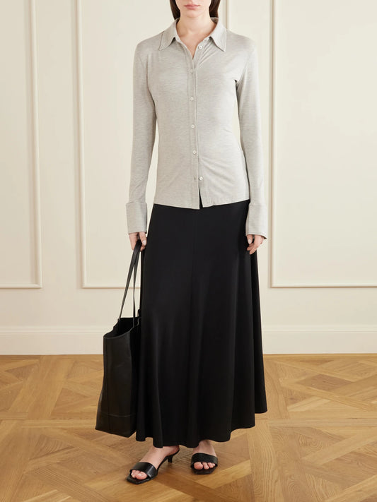Image of a model wearing Tops. Product name - Jersey Shirt in Light gray colour by brand - TOTEME