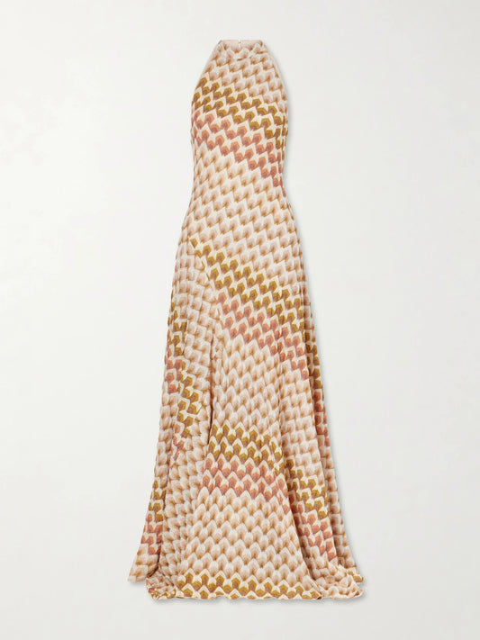 Image of Dresses. Product name - Striped Metallic Crochet-knit Halterneck Maxi Dress in Multi colour by brand - Missoni