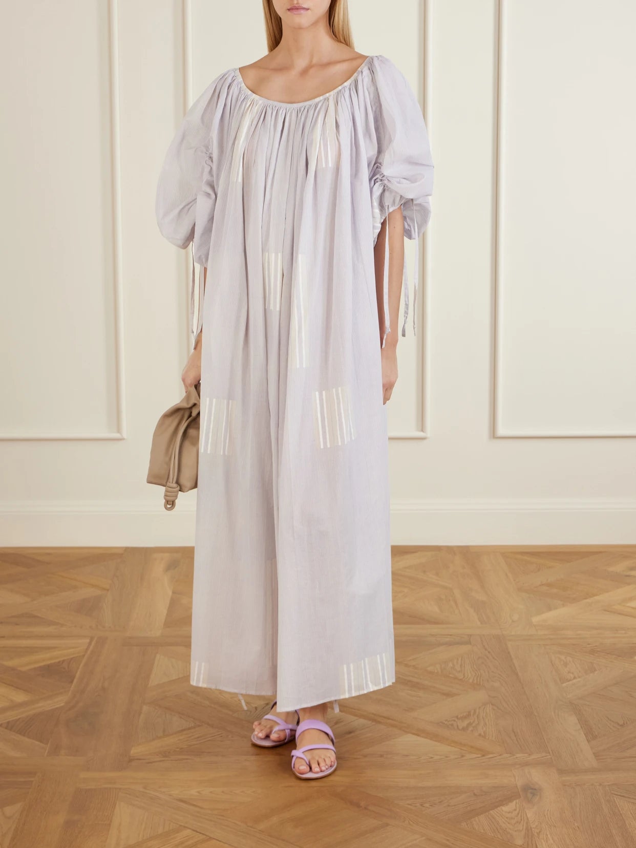 Image of Dresses. Product name - Athenaïs Gathered Striped Cotton-voile Maxi Dress in Gray colour by brand - Thierry Colson