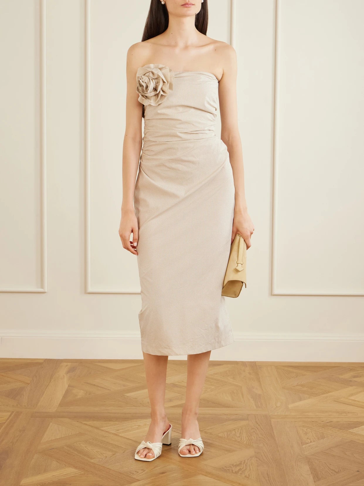Image of Dresses. Product name - Vera Embellished Gingham Cotton Midi Dress in Beige colour by brand - BERNADETTE