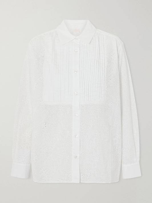 Image of a model wearing Tops. Product name - Arabelle Pleated Broderie Anglaise Cotton Shirt in White colour by brand - Loretta Caponi