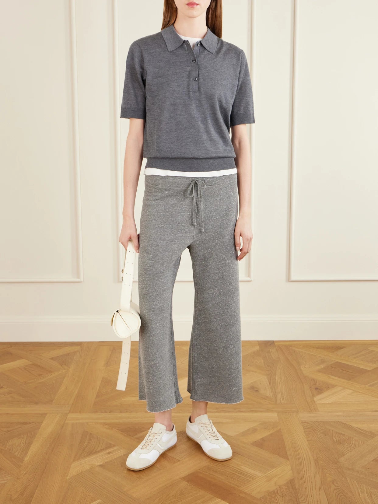 Image of Sleepwear & Loungewear. Product name - Kiki Cropped Jersey Track Pants in Gray colour by brand - Nili Lotan