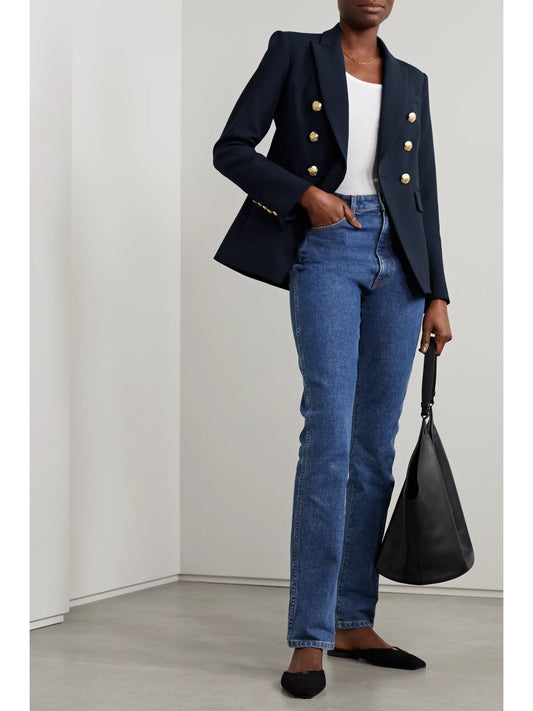 Image of Coats & Jackets. Product name - Miller Dickey Double-breasted Grain De Poudre Blazer in Midnight blue colour by brand - Veronica Beard