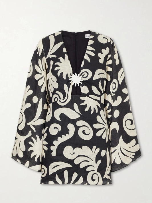 Image of Dresses. Product name - Vera Embellished Cutout Printed Linen Mini Dress in Black colour by brand - Cala de la Cruz