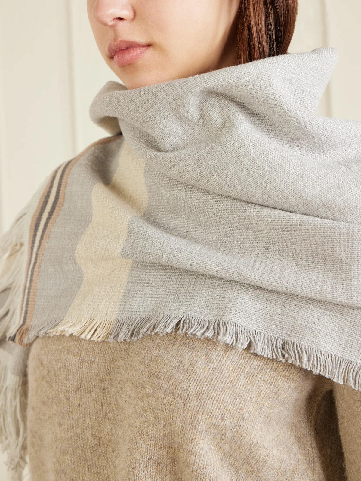 Image of Scarves & Shawls. Product name - Fringed Striped Cotton And Linen-blend Scarf in Gray colour by brand - The Row