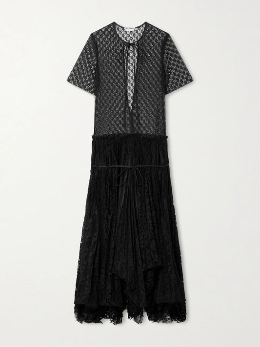 Image of Dresses. Product name - Layered Cutout Pleated Lace Maxi Dress in Black colour by brand - JW Anderson