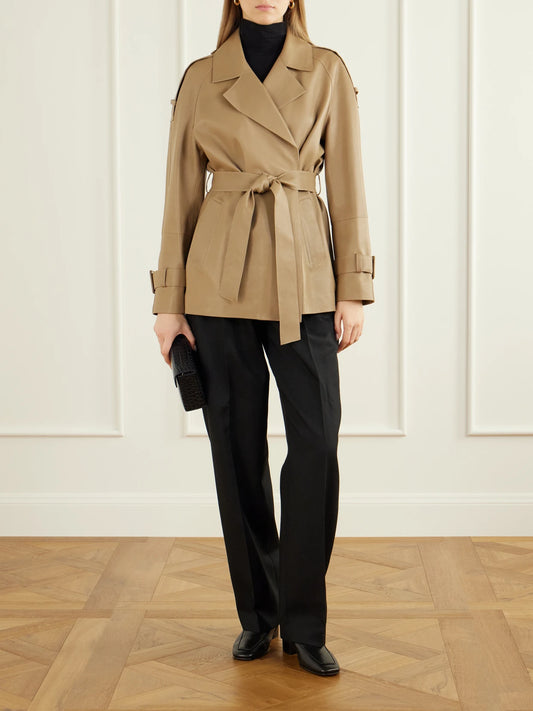 Image of Coats & Jackets. Product name - Nera Leather Cropped Jacket in Camel colour by brand - Nour Hammour