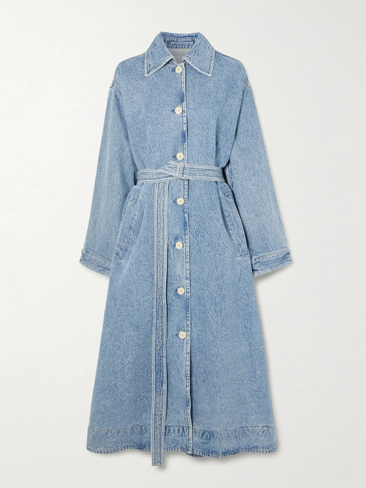 Image of Coats & Jackets. Product name - + Maria Mcmanus Oversized Organic And Recycled Denim Trench Coat in Mid denim colour by brand - AGOLDE