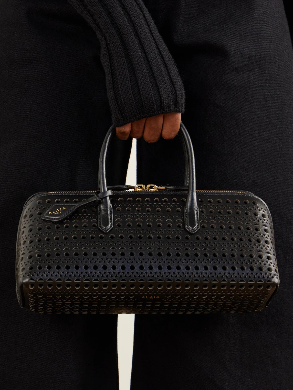 Image of Bags. Product name - Delta Small Laser-cut Leather Shoulder Bag in Black colour by brand - Alaïa