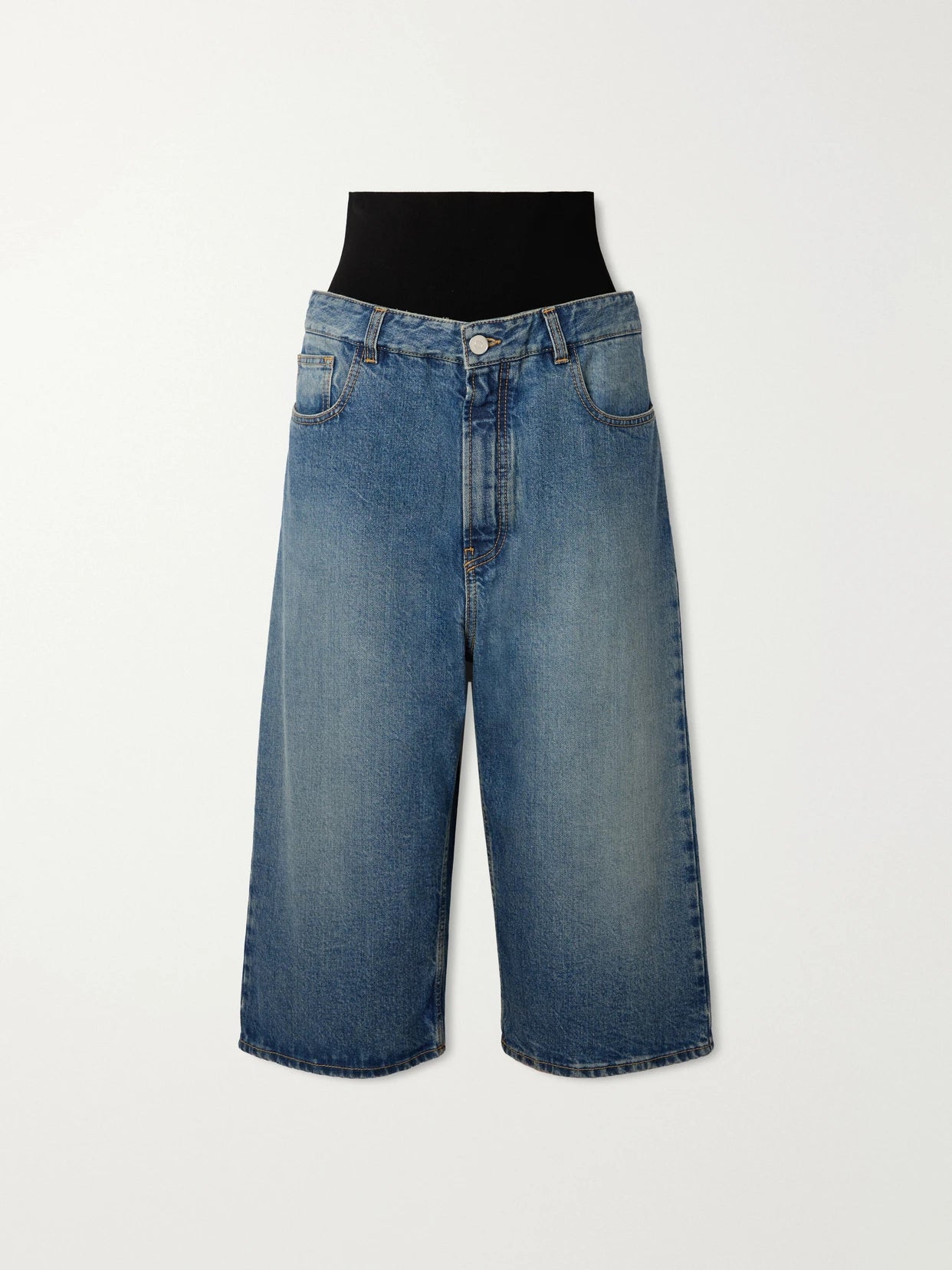 Image of a model wearing Shorts. Product name - Jersey-trimmed Denim Shorts in Blue colour by brand - Alaïa