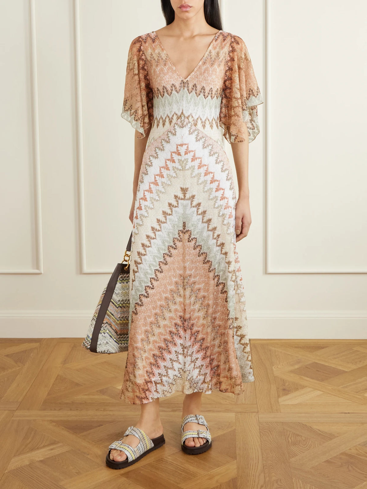 Image of Bags. Product name - Sequined-embellished Striped Leather-trimmed Woven Shoulder Bag in Beige colour by brand - Missoni